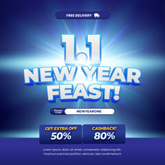 1.1 New Year day Sale discount deals Editable text soft deep blue gradient sun rays style banner