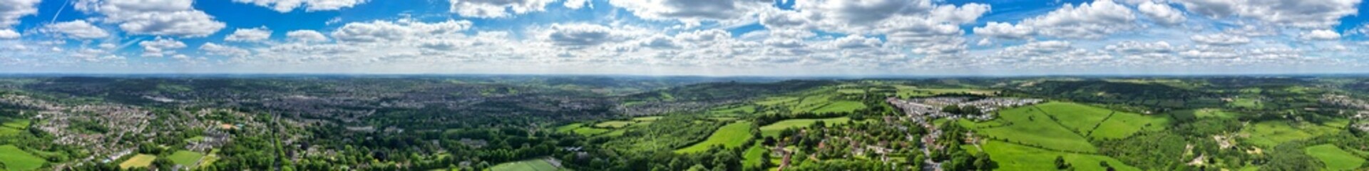 High Angle Panoramic View of Historical Bath City of England United Kingdom During Partially Cloudy Day of May 27th, 2024, Aerial Footage Was Captured with Drone's Camera During Bright Sunny Day 