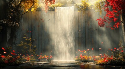 Serene Forest Waterfall Surrounded by Vibrant Autumn Foliage, Cascading Waters and Lush Flora Creating a Magical Landscape Scene in Nature's Breathtaking Beauty