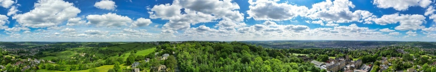 High Angle Panoramic View of Historical Bath City of England United Kingdom During Partially Cloudy Day of May 27th, 2024, Aerial Footage Was Captured with Drone's Camera During Bright Sunny Day 