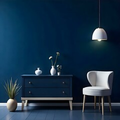 A modern living room with a navy blue accent wall, a white armchair, a wooden dresser with drawers, and a hanging light fixture with a white shade