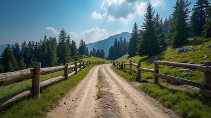 Obraz premium Scenic Dirt Road Through Mountain Forest, Wooden Fences, Lush Grass, High-Resolution Photography