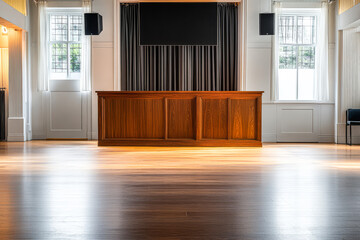 Modern event space with wooden bar and bright flooring for gatherings and performances