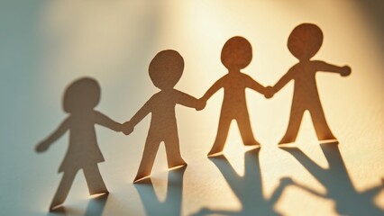 Warm-toned Photo of Interconnected Paper Cutout Stick Figures Holding Hands, Creating a Chain of Unity and Teamwork