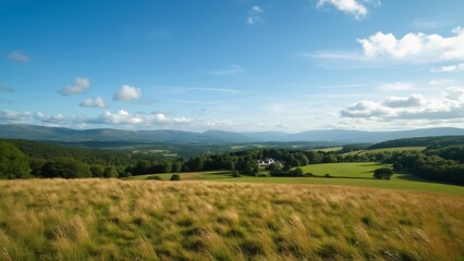 Obraz premium Stunning Summer View, Scottish Highlands Estate, Rolling Hills, and Vast Grassland