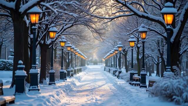 Enchanted Montreal Winter Park, Snow-Covered Path, Lanterns, and Sunlit Trees