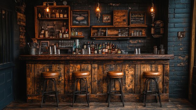 Rustic wooden bar with leather stools, liquor bottles, and vintage decor. Ideal for concepts of pubs, bars, or alcoholic beverages.
