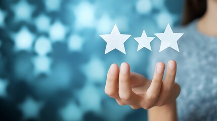 A modern web page showing a user giving feedback through a review system with stars and comments for quality assessment