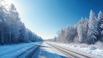 Fototapeta premium Stunning Winter Wonderland, Snow Covered Road Through a Sunny Forest Landscape