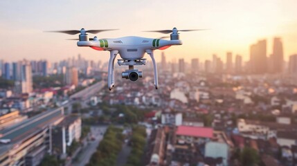 A drone flying over a cityscape during sunset.
