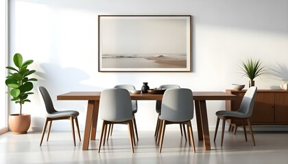 A modern dining room with a wooden table and gray chairs, with minimalist abstract artwork hanging on the wall above