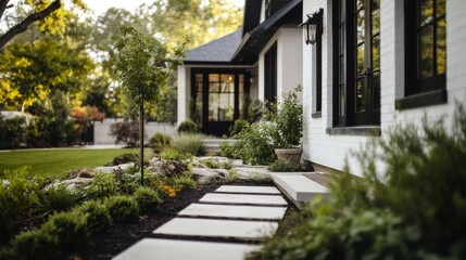 Bright daytime shot of a classic American home with white walls, black windows and a gray roof. A white stone walkway leads to the entrance, shot with a soft blurred background.