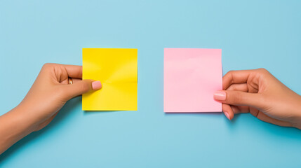 Obraz premium Two hands reaching out to each other, surrounded by sticky notes, symbolizing collaboration and communication.