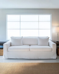 Fototapeta premium Modern living room with a white sofa next to a bright window and a woven rug