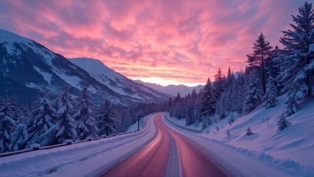 Majestic Winter Sunset, Snow-Covered Mountain Road