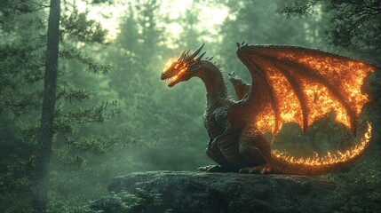 Forest Dinosaur with wings sitting on stone in green