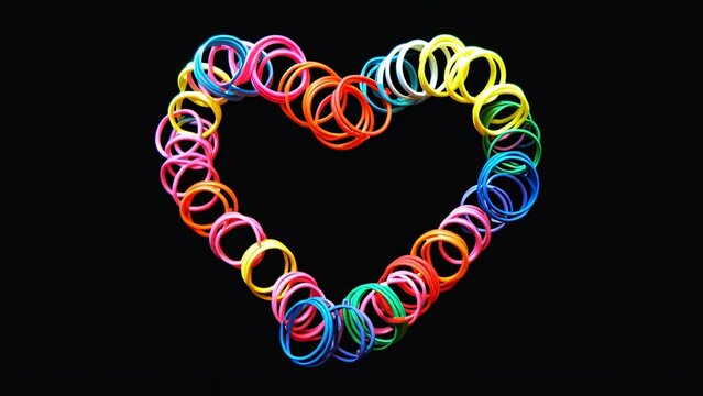 Vibrant Neon Plastic Bracelet Heart, Colorful Rainbow Love Symbol on Black Background