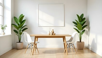 A modern dining room with a wooden table and white chairs, a potted plant , and a minimalist decor