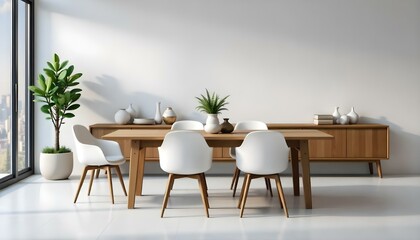 A modern dining room with a wooden table and white chairs, a potted plant , and a minimalist decor