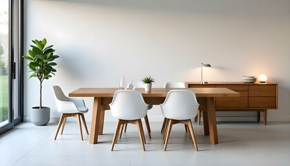 A modern dining room with a wooden table and white chairs, a potted plant , and a minimalist decor