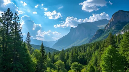 Obraz premium Majestic Santa Fe Forest & Mountain Vista, Panoramic Summer Landscape with Lush Green Trees, Hiking & Camping Scene