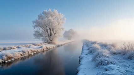 Serene Dutch Winter Landscape, Snow-Covered Fields, Icy Canal, and Frosty Trees