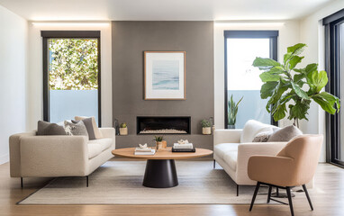 Modern living room design featuring cozy furniture and a tranquil fireplace ambiance