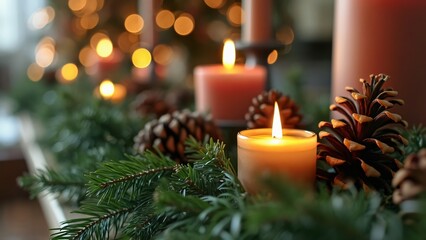 Cozy Christmas Garland with Pine Cones and Candles, Festive Holiday Decor