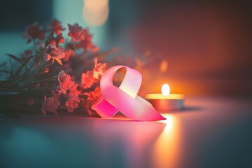 A pink ribbon beside flowers and a candle, symbolizing support and awareness.