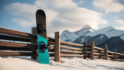 Snowboard leaning against a log fence with snow-capped mountains in the background,  Log fence, snow-capped mountains, snowboard, cozy,  snowboard, boots, winter sports, snow, winter, mountain, ski, m