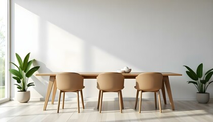 A modern dining room with a wooden table and three beige chairs, decorated with potted plants