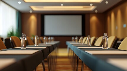 Empty Meeting Room Featuring a Projector Screen and Neatly Arranged Chairs, Captured in Soft Focus