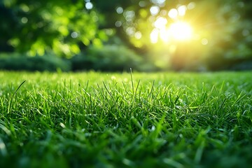 Naklejka premium A close-up view of lush green grass illuminated by sunlight, creating a serene and vibrant outdoor atmosphere.