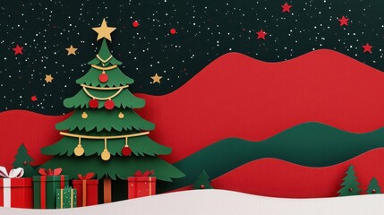 A festive, colorful Christmas scene featuring a decorated tree, gifts, and a snowy landscape, perfect for holiday celebrations.