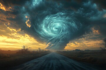 A Dimensional gate swirling, ominous storm cloud looms over a desolate landscape at dusk, casting an eerie glow on the road ahead.
