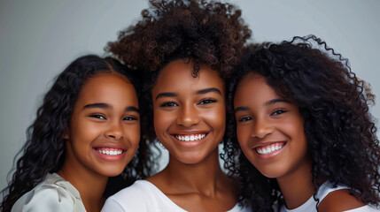 Young African American woman with her mother and daughter smiling at the camera, isolated on gray, banner.