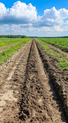 Paths through the fertile fields under a bright blue sky with fluffy clouds