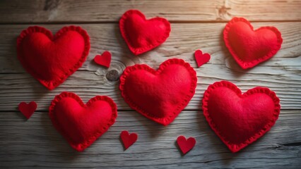 Fototapeta premium Five Red Felt Hearts on Rustic Wooden Background, Valentine's Day Flat Lay Photography
