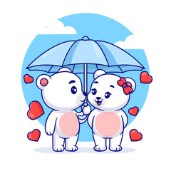 Cute polar bear couple standing under umbrella cartoon vector icon illustration animal nature icon