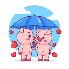 Cute pig couple standing under umbrella cartoon vector icon illustration animal nature icon