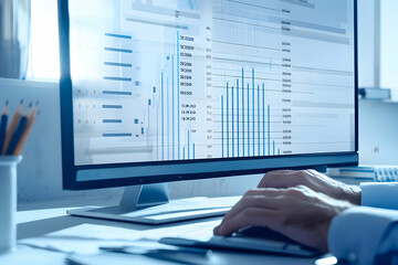 Project manager analyzing a digital Gantt chart on their computer to plan project timelines and goals.