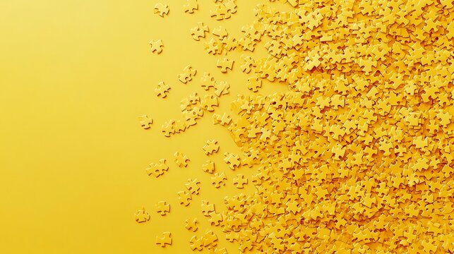Golden Puzzle Pieces Cascade on Yellow Background: 3D Render. AI Generated