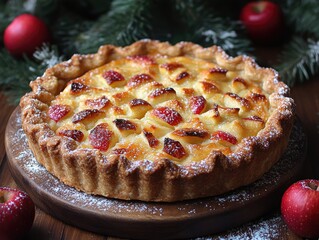 Delicious apple tart with flaky crust, dusted with powdered sugar. Perfect for autumn or holiday dessert photos, evoking warmth and comfort.