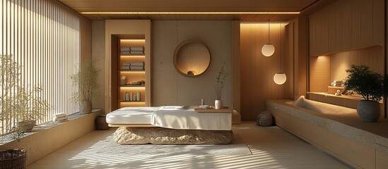 Serene spa room with massage table, natural light, and minimalist design.