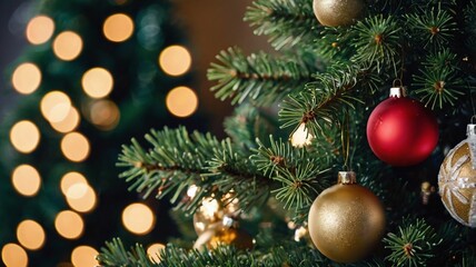 Close-up view of a Christmas tree background