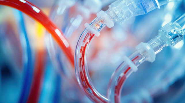 Close up of ECMO circuit tubing with blood flow, showcasing intricate details and vibrant colors. image captures complexity of medical equipment used in critical care