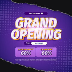 Grand Opening day Sale discount deals Editable text dynamic violet purple gradient break paper halftone style banner
