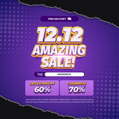 Fototapeta premium 12.12 Amazing Shopping day Sale discount deals Editable text dynamic violet purple gradient break paper halftone style banner