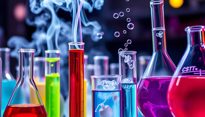 Close-up of colorful reactions in test tubes and beakers, with smoke, bubbles, and vibrant lighting in a classic science lab setup.