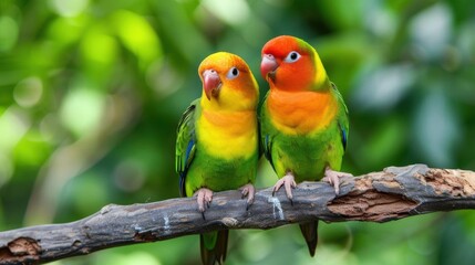 Fototapeta premium Two colorful parrots perched on a branch amidst lush greenery.